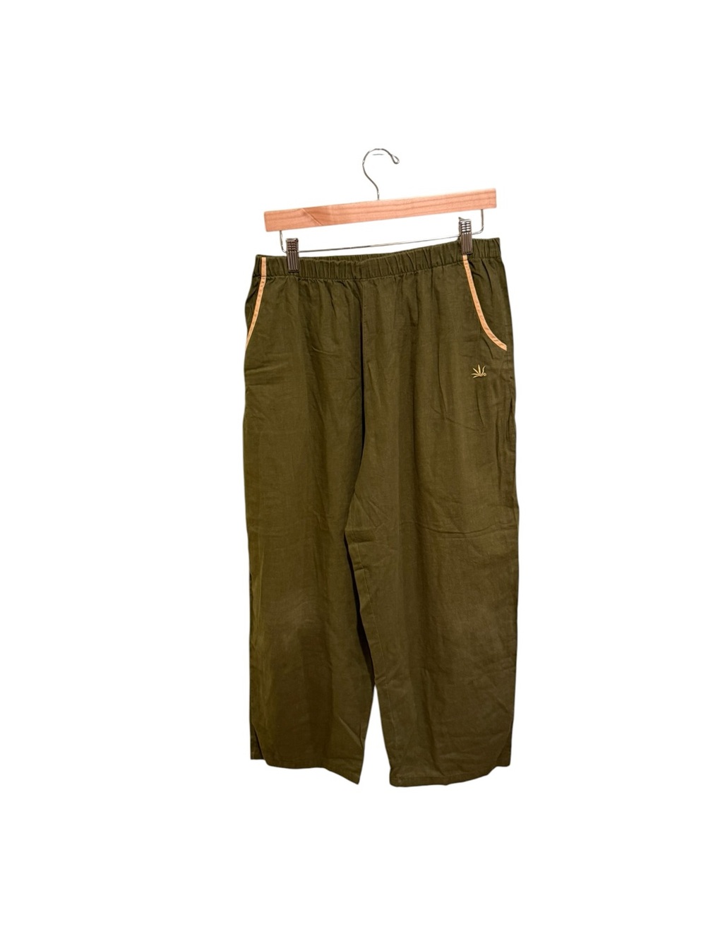 Women’s Hemp Lee Relaxed Olive Wide-Leg Pants with Tan Trim - XL (Hemp & Cotton)